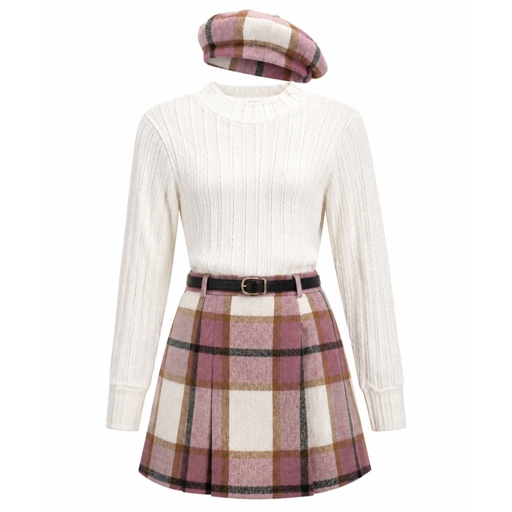 Girls Preppy 4 Piece Outfit Set 11-12Y Plaid Skirt Cable Knit Top Beret